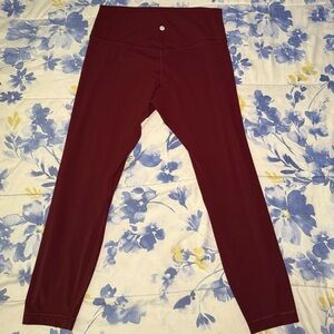 lululemon burgundy cassis align leggings with 25” inseam, size 12